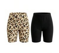 2 jeux de leggings pour filles, comprenant des imprimés léopard classiques et des designs noirs unicolore polyvalents, fabriqués en tissu tricoté doux et agréable à la peau en polyester avec un tombé 