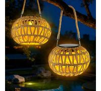 2 Lanterne Solaire Exterieur, Rotin Lampe Solaire Exterieur Decorative Jardin, IP65 Imperméable Lampion Suspension Solaire Exterieur, Lumiere Solaire Exterieur Jardin, Deco Balcon Terrasse Exterieur