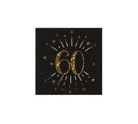 2 Lots de 10 Serviettes de table en papier anniversaire 60 ans noir et doré or REF/6790 (16.5cm)