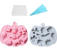 2 moules 3D en silicone pour citrouilles, 8 cavités, Moules à fondant fournis par Hallween, Moules à pâtisserie en silicone pour citrouilles, tête de mort, fantôme et chauve-souris