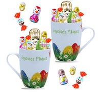 2 Mugs garnis d'un assortiment de 20 Chocolats de Pâques: KINDER Schokobons, Moulage Lapin, Figurines et Œufs | Idéal à Offrir