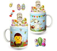 2 Mugs Poussin et Lapin garnis de 20 chocolats de Pâques : KINDER Schokobons, Moulage Lapin, Œufs | Idéal à Offrir ou à Cacher
