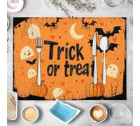 2 Napperons Aspect Lin Orange 30X45Cm Lavables | Sets De Table Lavables avec Affiche Halloween « des Bonbons Ou Sort » Fantôme Citrouille Cœur, Décoration De Table Chaleureuse pour Les Repas