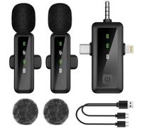 2 Pack 3 in 1 Wireless Tie Mic for Phone Computer Cameras,Wireless Lavalier Microphone Mini Wireless Microphone,with Two Cable Heads,Noise Reduction,Plug-Play for Vlog Video Interview