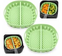 2 Pack Air Fryer Silicone Liner, Reusable AirFryer Accessories，Green：L | 2 in 1 Square Pot Baking Accessories Separates Foods Raised Ridges for Airflow and Grease Drainage Plus Side Handles