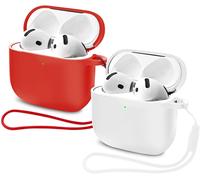 2 Pack Case Compatible with AirPods 4th Generation (2024), Airpods 4 Silicone Protective Case, Shockproof Soft Silicone Cover, Front LED Visible, White+Red