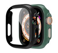 2 pack compatible pour le boîtier Apple Watch Ultra 49 mm avec protecteur d'écran en verre trempé intégré, remplacement du couvercle de protection du PC dur Mat Ultra Thin Mat Noir/Vert officiel