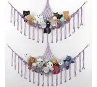2 Pack de filets de rangement pour peluches, organisateur de jouets suspendu pour coin de chambre d'enfant, hamac en macramé en tissu pour peluches et doudous (Lila)