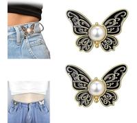 2-Pack Detachable Butterfly Clips,Adjustable Pant Waist Tightener,Reusable Butterfly Waist Cinching Button Pins,No-Sew Instant Waist Buckles for Loose Jeans Jackets Coats Shirts Overalls (Black)