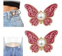 2-Pack Detachable Butterfly Clips,Adjustable Pant Waist Tightener,Reusable Butterfly Waist Cinching Button Pins,No-Sew Instant Waist Buckles for Loose Jeans Jackets Coats Shirts Overalls (Rose)