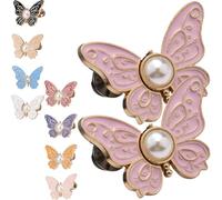 2-Pack Detachable Butterfly Clips, Pant Waist Tightener Cinching Button, Jean Tighten Waist Clip Buckle for Women, No Sew Adjustable Clips for Pants, Pearl Knots Loose Alteration Reusable(Pink)
