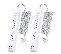 2 Pack Extension Cord 10ft Power Strip - Surge Protector with 6 Outlets 4 USB Charging Ports, Flat Plug, Overload Protection, Wall Mount for Home Office, Dorm Room Essentials