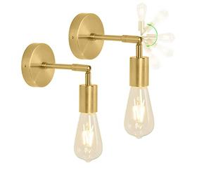 2 Pack Lámparas de Pared Industriales Apliques de Pared Metal Dorado Giratorias 180° Como Lámparas de Noche,Pasillo,Loft,Apliques Baño Vintage