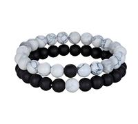 2 Pack Men's Bead Bracelet, Adjustable Elastic Bead Couple Bracelets 8 mm Natural Beads Black Agate Matte White Howlite Natural Stone Bracelets Costume Jewellery for Men and Women for All Occasions