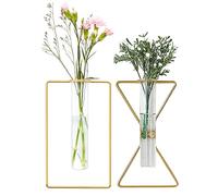 2 Pack Nordic Wall Vase,Gold Geometric Vase Hanging Hydroponic Planter,Wall-Mounted Metal Glass Tube Bud Vase Decorative for Centerpieces Wedding Home Decor(Gold 5)