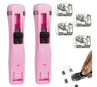 2 Pack Portable Binder Clip Stapler - Damage-Free Paper Clam Clip Dispenser with 200 Reusable Metal Clips, One-Hand Push Fastener Holds 40 Sheets for Office, School & Desk Organization, (Pink)