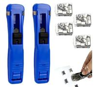 2 Pack Portable Binder Clip Stapler - Damage-Free Paper Clam Clip Dispenser with 200 Reusable Metal Clips, One-Hand Push Fastener Holds 40 Sheets for Office, School & Desk Organization, (Blue)