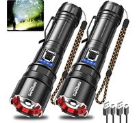2 Pack Rechargeable Led Flashlight, 250,000 Lumens Extremely Bright Led Flashlight, Metal Tactical Flashlight With 5 Modes, Zoom And Battery Indicator For