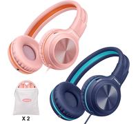 2 Pack Wired Headphones with Microphone, Foldable Headphones with Limited Volume (85/94/104dB) and Shared Plug for Mobile Phones, Tablets, Smartphones, PC, Children, Teenagers, School, Travel