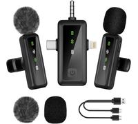 2 Pack Wireless Tie Mic with 3 in 1 Universal Receiver,Noise Reduction,Plug-Play,Bluetooth Microphone for Phone Computer Cameras,Mini Mic for Vlog Video Interview