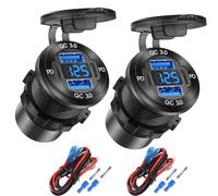 2 Packs 4 Port Prise USB 12V Chargeur en Aluminium, 78W Dual PD & QC Multiple U-S-B Port for Car, Remplacement l'allume-Cigarette USB C Prise 12 Volts avec Voltmètre étanche pour Marine Bateau Moto