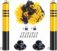 2 Packs De Bornes avec Chaîne De 16 Pieds, Bornes Industrielles en Acier Enduit De Poudre Noire avec Bande Réfléchissante Jaune