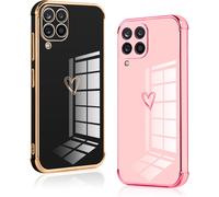 [2 Packs Of Case For Samsung Galaxy A12/M12/A12 Nacho, Shockproof Silicone Cover, Case With Heart Design And Gold Border For Samsung A12, Black And Pink