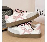 2 paires Baskets femme grande taille à la mode 2025, en matériau PU avec nœud papillon, chaussures plates rose et blanc contrastés, polyvalentes, respirantes et décontractées. Il est recommandé de com