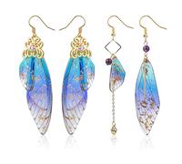 2 Paires Boucles d'Oreilles Papillon Femme Ailes de Fée Or Simulation Insecte Multicolore Asymétriques pour Dames Enfant Fille