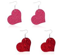 2 Paires Boucles d'Oreilles Saint Valentin, Simili Cuir Boucles d'Oreilles Pendantes Coeur Boucles d'Oreilles Grand Cour avec Étincelles Paillettes pour Cadeau la Amour Saint Valentin(Série Rouge)