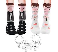2 Paires Chaussette Cadeau Mariage avec porte-clés Puzzle en Acier Inoxydable Cadeau Couple Chaussettes Fantaisie Femme Homme Idee Cadeau Mariage Chaussette Drole pour Anniversaire Couple Cadeaux