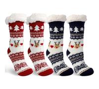 2 Paires Chaussettes De Noel, Douces Et Confortables, Chaussettes, Avec des Picots en Silicone, Conception Antidérapante, Cerf rouge / Cerf bleu Chaussette Noel, pour Cadeaux Homme, Femme, Ado, Fille
