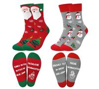 2 Paires Chaussettes de Noël Unisexe - Motif Fantaisie, Chaudes, Crew Socquettes À Motifs Coloré en Coton Original - Femme Homme, Taille Unique