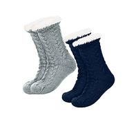 2 Paires Chaussettes de Pantoufle Polaire de Noël (Gris, Bleu Foncé)