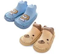 2 Paires Chaussettes Pantoufle, Chaussettes Antidérapantes pour Bébé Garçon, Chaussettes Slipper-Chaussette Chausson Enfant Anti-dérapantes Naissance Chausson Chaussette, 12-24 Mois, Ours Lion