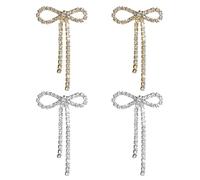 2 Paires De Boucles D'Oreilles Avec Nœud En Strass, Chaîne À Pompons, Accrocheur Lumineux, Facile À Porter Sans Serrer Les Oreilles, Aux Mariées Et Aux Demoiselles D'Honneur Et Aux Fêtes De Bal.