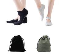 2 paires de chaussettes de yoga antidérapantes avec 2 sacs à cordon, chaussettes en coton Pilates, chaussettes de gym ouvertes pour danser, entraînement pieds nus, trampoline (noir, gris).