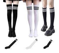 2 paires de chaussettes hautes avec 1 paire de chaussettes mi-mollet, chaussettes hautes rayées pour femmes, chaussettes hautes élastiques en coton pour cosplay, tous les jours.