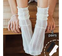 2 paires de chaussettes mi-mollet femme en maille noire et blanche unicolore, à fine pile. Douces, confortables et respirantes, convenant pour le port quotidien, les fêtes et les vacances en toutes sa