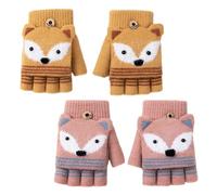 2 paires de gants sans doigts pour enfants à motifs de dessins animés, moufles convertibles, moufles en tricot, gants d'hiver pour garçons et filles (Beige, Rose)