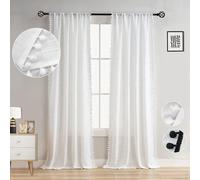 2 paires de rideaux Rideau semi-transparent Passage de tringle blanc Pompons, Rideau Tulle aspect lin L 132xH 241cm Chambre d'enfant Salon Chambre à coucher