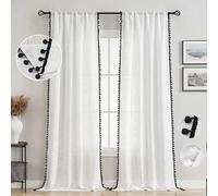 2 paires de rideaux Rideau semi-transparent Passage de tringle noir Pompons, Rideau Tulle aspect lin L 132xH 213cm Chambre d'enfant Salon Chambre à coucher