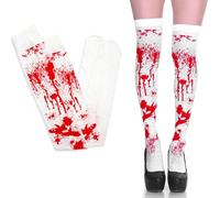 2 Paires Femmes Bas Chaussettes Hautes pour Halloween - Collants Sexy Blancs Tachés de Sang - Bas Ensanglantés pour Toutes les Fêtes