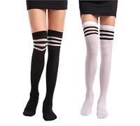 2 Pairs Chaussettes femme fille montantes Chaussettes Hautes Guêtre Triple Stripes Jambiere Coton Collège Sport Cuissardes Socks Taille unique Multicolore blanc