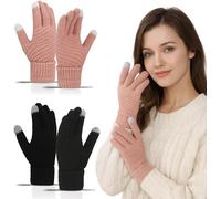 2 Pairs Women's Winter Warm Gloves With Touch Screen, Knitted Mittens For Skiing, Cycling, Driving, Outdoor Sports (Black, Pink)