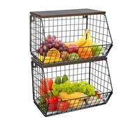 2 Panier a Fruit, Panier Corbeille a Fruit Murale pour la Cuisine, Organiseurs de Cuisine Basket avec Couvercle en Bois Panier Empilable (Noir, 30 * 20 * 21 cm)