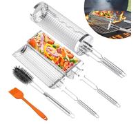 2 Paniers à Barbecue Roulant avec Poignée en Acier Inoxydable, Design à Ouverture Latérale, Paniers de Barbecue avec Brosse de Nettoyage, Accessoires de barbecue pour Légumes, Viande et Fruits de Mer