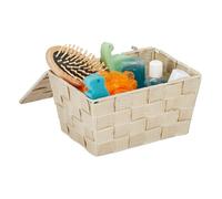 2 paniers de rangement avec couvercle, aspect tressé, organiseurs de bain HxLxP 10,5x19,5x14,5 cm, plastique, beige