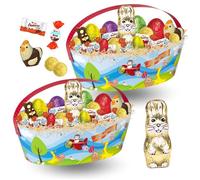 2 Paniers garnis d'un assortiment de 40 chocolats de Pâques : Kinder Schokobons, Mini Bueno, Moulages | Idéal pour offrir