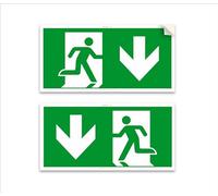 2 panneaux adhésifs de sortie d'urgence, mesure 30 x 15 cm, avec flèche orientée vers le bas, indication Sortie de sécurité, en PVC souple, pictogramme signalisation de sécurité iso 7010